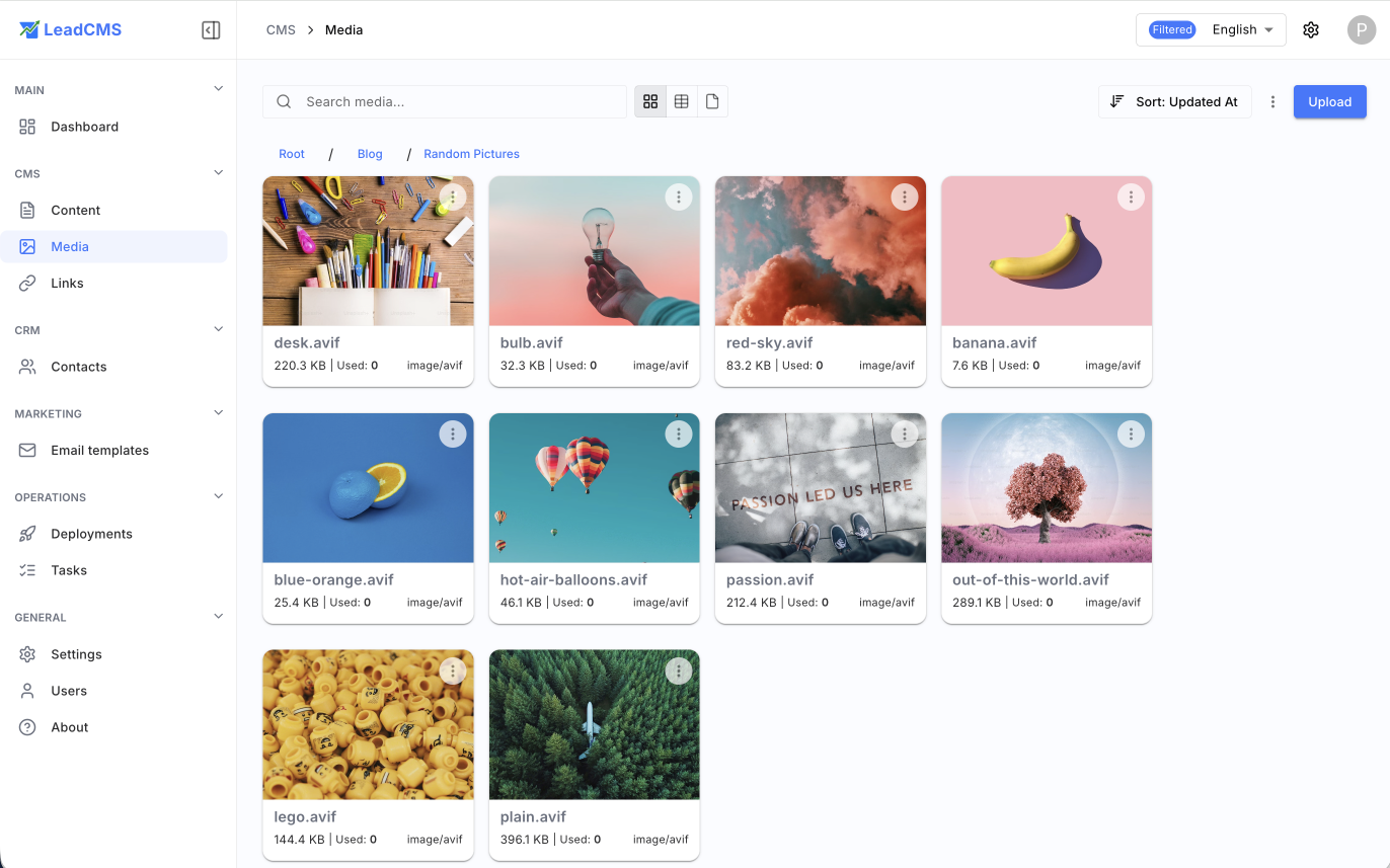 LeadCMS media library - browse, upload, and auto-optimise images for fast delivery